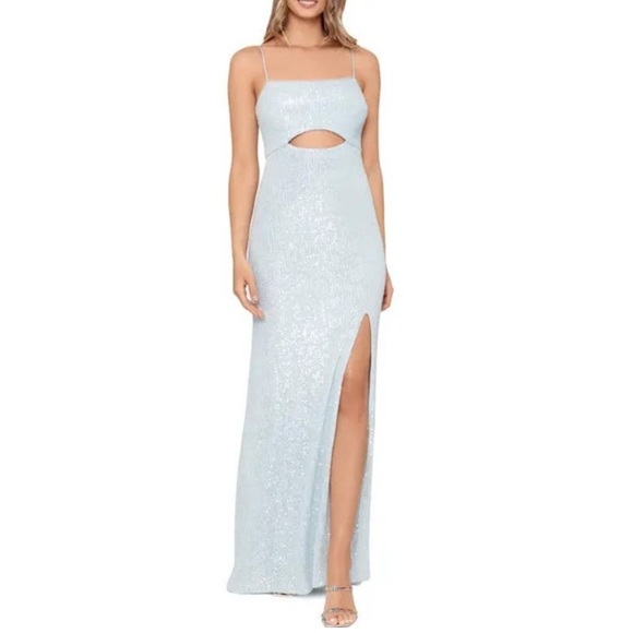 XSCAPE Sequin Formal Gown Elsa Baby Blue Full Length Cutoir Sparkly US 16 $320